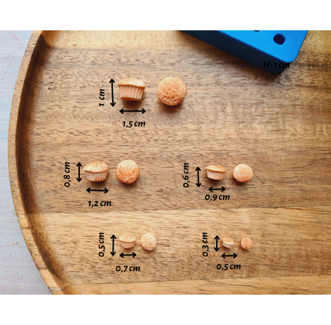 Silicone mold, Muffin, 1:12-1:6 scale, style 4, 10 elements, ~ 0.5-1.5 cm, H:0.3-1 cm
