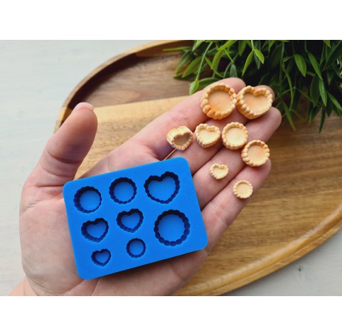 Silicone mold, Tartlet, 1:10, 1:12, 1:20 scale, style 9, 8 elements, ~ 0.8-1.9 cm, H:0.4-0.9 cm