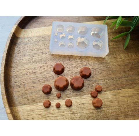 Silicone mold, Pudding, 1:8-1:18 scale, style 2, chocolate, 12 elements, ~ Ø 0.4-1.6 cm, H:0.2-0.8 cm