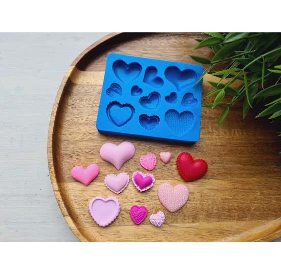 Silicone mold, Heart, style 5, 11 elements, 1-2.6 cm, H:0.3-0.7 cm