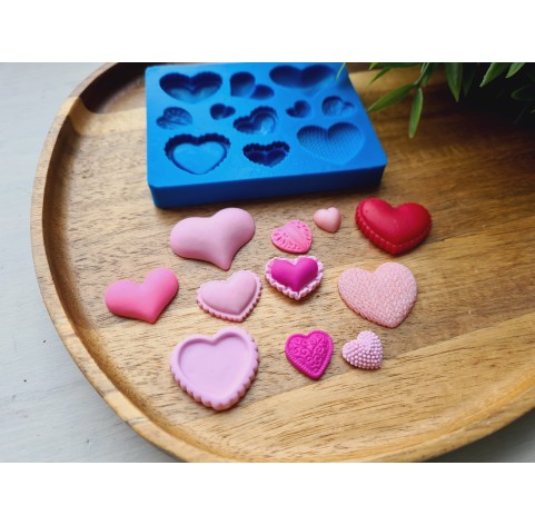 Silicone mold, Heart, style 5, 11 elements, 1-2.6 cm, H:0.3-0.7 cm