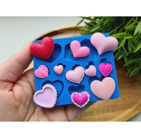 Silicone mold, Heart, style 5, 11 elements, 1-2.6 cm, H:0.3-0.7 cm