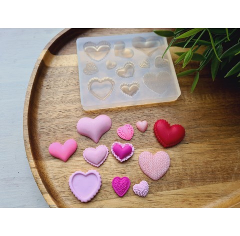 Silicone mold, Heart, style 5, 11 elements, 1-2.6 cm, H:0.3-0.7 cm