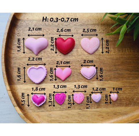 Silicone mold, Heart, style 5, 11 elements, 1-2.6 cm, H:0.3-0.7 cm