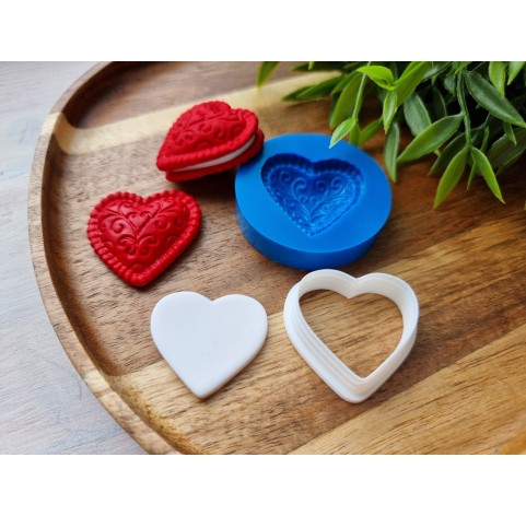 Silicone mold, Heart, style 10, with ornaments + cutter, set or individually