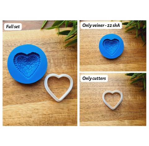 Silicone mold, Heart, style 10, with ornaments + cutter, set or individually