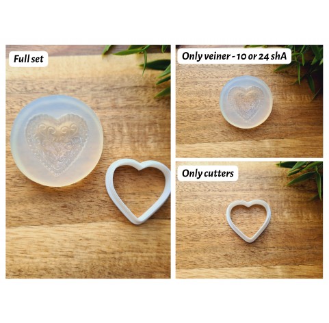Silicone mold, Heart, style 10, with ornaments + cutter, set or individually