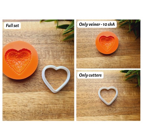 Silicone mold, Heart, style 10, with ornaments + cutter, set or individually