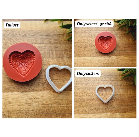 Silicone mold, Heart, style 10, with ornaments + cutter, set or individually