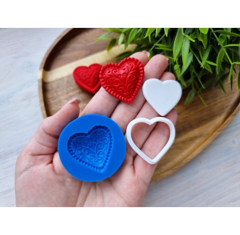 Silicone mold, Heart, style 10, with ornaments + cutter, set or individually