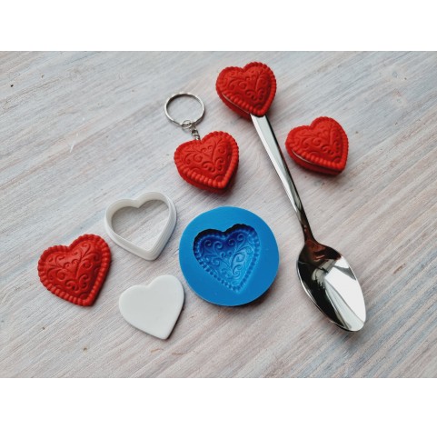 Silicone mold, Heart, style 10, with ornaments + cutter, set or individually