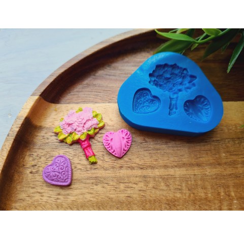 Silicone mold, Heart, style 13, and bouquet, 3 elements, ~ 1.3*1.4cm, 2.5*3 cm, H:0.5 cm