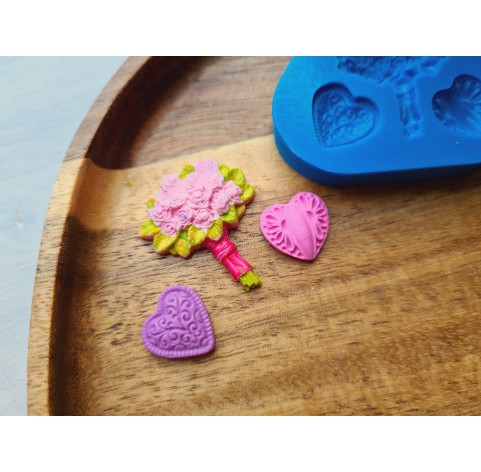 Silicone mold, Heart, style 13, and bouquet, 3 elements, ~ 1.3*1.4cm, 2.5*3 cm, H:0.5 cm