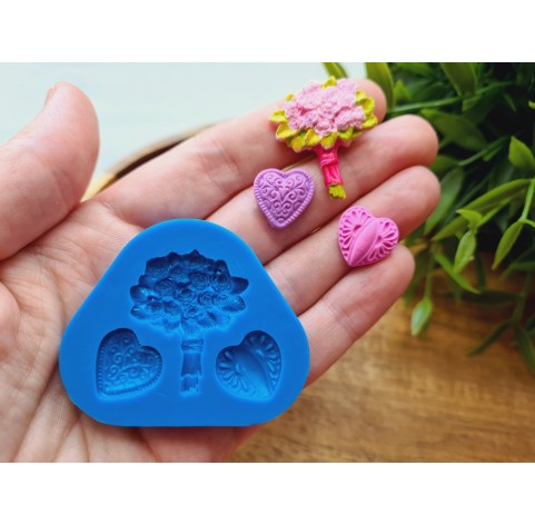 Silicone mold, Heart, style 13, and bouquet, 3 elements, ~ 1.3*1.4cm, 2.5*3 cm, H:0.5 cm