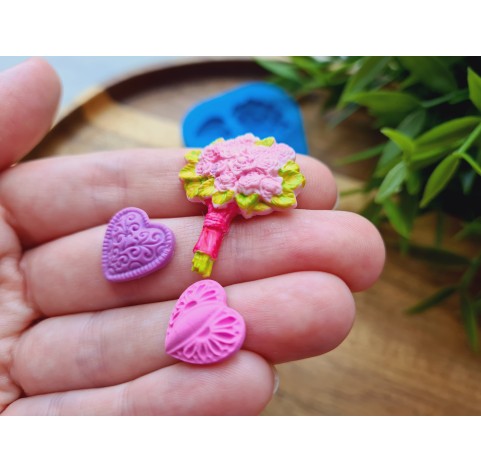 Silicone mold, Heart, style 13, and bouquet, 3 elements, ~ 1.3*1.4cm, 2.5*3 cm, H:0.5 cm