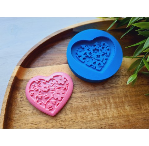 Silicone mold, Heart, style 14, with flowers, ~ 4.3*5 cm, H:0.5 cm
