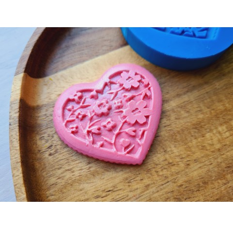 Silicone mold, Heart, style 14, with flowers, ~ 4.3*5 cm, H:0.5 cm