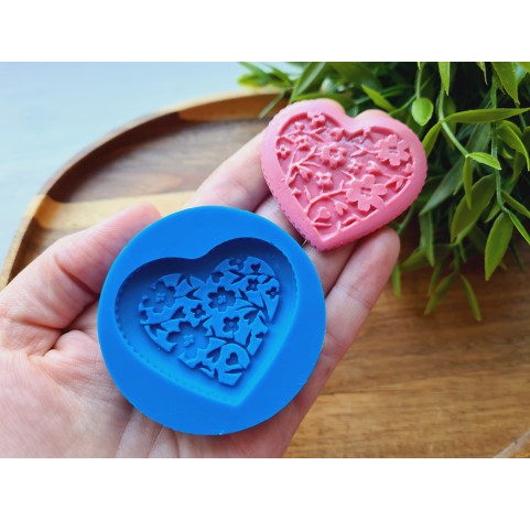 Silicone mold, Heart, style 14, with flowers, ~ 4.3*5 cm, H:0.5 cm