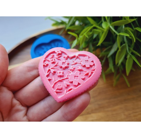 Silicone mold, Heart, style 14, with flowers, ~ 4.3*5 cm, H:0.5 cm