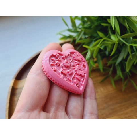 Silicone mold, Heart, style 14, with flowers, ~ 4.3*5 cm, H:0.5 cm