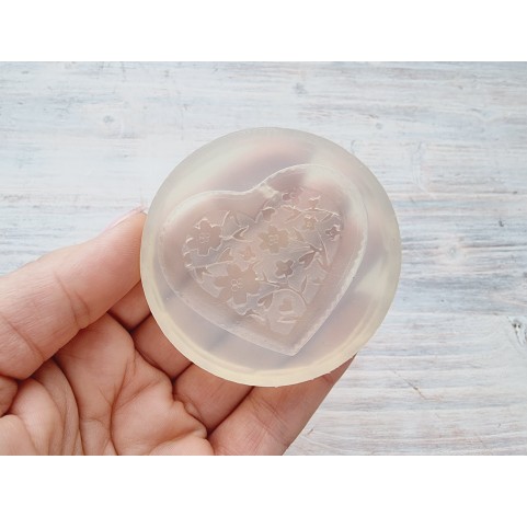 Silicone mold, Heart, style 14, with flowers, ~ 4.3*5 cm, H:0.5 cm
