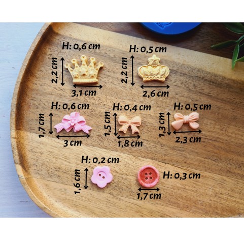 Silicone mold, Set of bow, crown, button, 7 elements, ~ 1.3-3 cm, H:0.3-0.6 cm