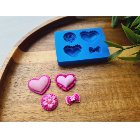 Silicone mold, Heart, style 16, flower, bow, 4 elements, ~ 1.2-2 cm, H:0.5 cm