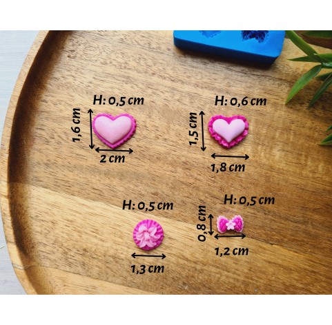 Silicone mold, Heart, style 16, flower, bow, 4 elements, ~ 1.2-2 cm, H:0.5 cm
