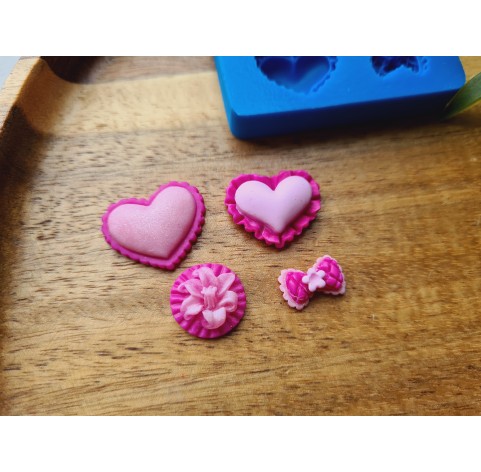 Silicone mold, Heart, style 16, flower, bow, 4 elements, ~ 1.2-2 cm, H:0.5 cm