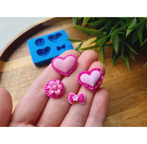Silicone mold, Heart, style 16, flower, bow, 4 elements, ~ 1.2-2 cm, H:0.5 cm