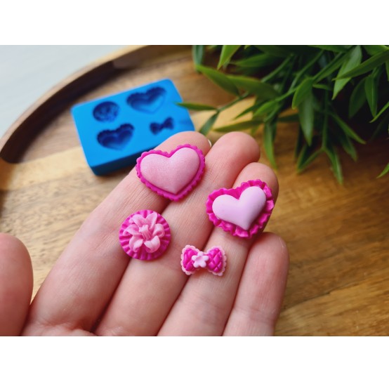 Silicone mold, Heart, style 16, flower, bow, 4 elements, ~ 1.2-2 cm, H:0.5 cm