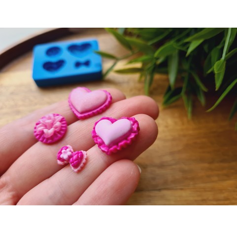 Silicone mold, Heart, style 16, flower, bow, 4 elements, ~ 1.2-2 cm, H:0.5 cm