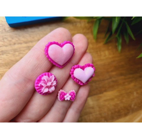 Silicone mold, Heart, style 16, flower, bow, 4 elements, ~ 1.2-2 cm, H:0.5 cm