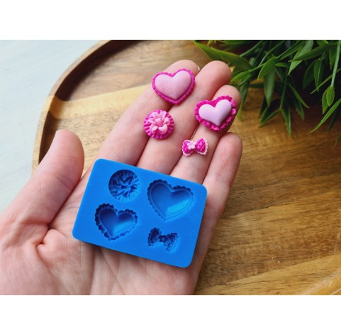 Silicone mold, Heart, style 16, flower, bow, 4 elements, ~ 1.2-2 cm, H:0.5 cm