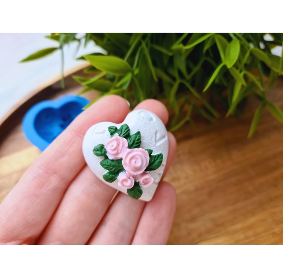 Silicone mold, Heart, style 7, with flowers, ~ 3.3*3.5 cm, H:1.7 cm