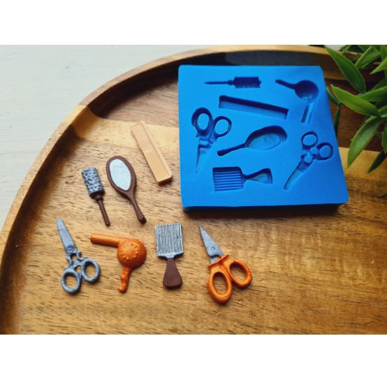 Silicone mold, Hairdresser tools, 7 elements, ~ 0.7-3.2 cm, H:0.2-0.4 cm