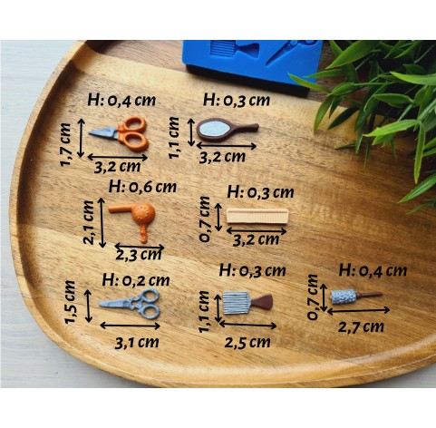 Silicone mold, Hairdresser tools, 7 elements, ~ 0.7-3.2 cm, H:0.2-0.4 cm