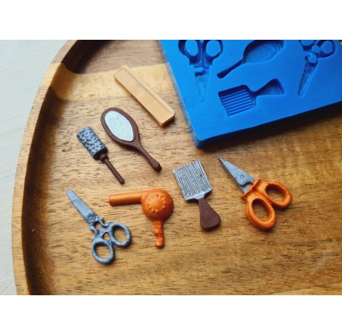 Silicone mold, Hairdresser tools, 7 elements, ~ 0.7-3.2 cm, H:0.2-0.4 cm