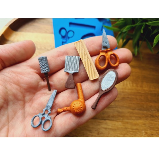 Silicone mold, Hairdresser tools, 7 elements, ~ 0.7-3.2 cm, H:0.2-0.4 cm