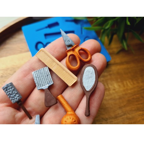 Silicone mold, Hairdresser tools, 7 elements, ~ 0.7-3.2 cm, H:0.2-0.4 cm
