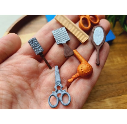 Silicone mold, Hairdresser tools, 7 elements, ~ 0.7-3.2 cm, H:0.2-0.4 cm