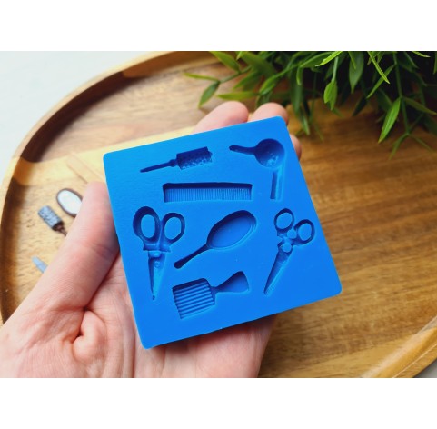 Silicone mold, Hairdresser tools, 7 elements, ~ 0.7-3.2 cm, H:0.2-0.4 cm