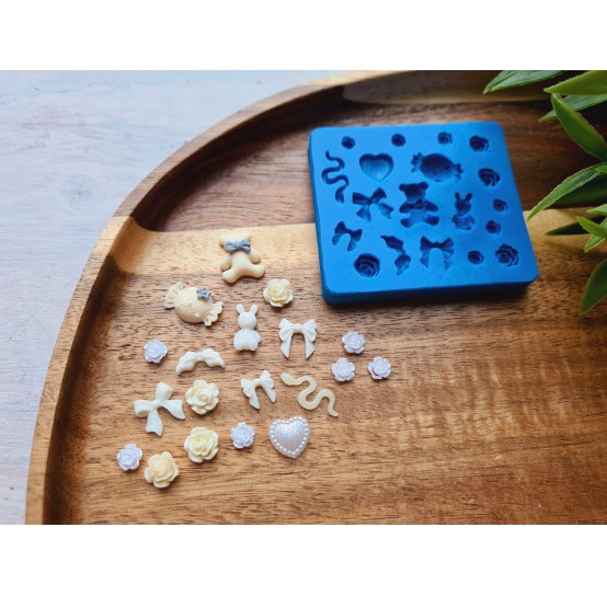 Silicone mold, Set of different things, style 2, mini, 19 elements, ~ 0.5-1.7 cm, H:0.1-0.5 cm