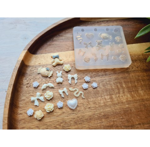 Silicone mold, Set of different things, style 2, mini, 19 elements, ~ 0.5-1.7 cm, H:0.1-0.5 cm