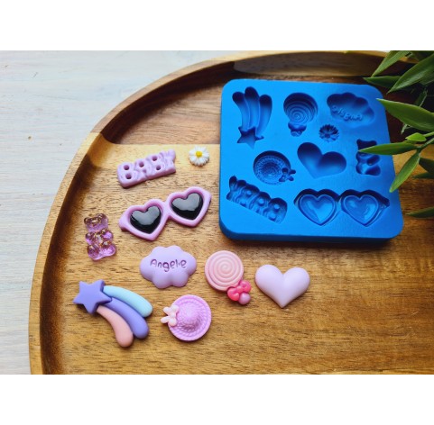 Silicone mold, Set of different things, style 3, 9 elements, ~ 0.9-4 cm, H:0.3-0.7 cm
