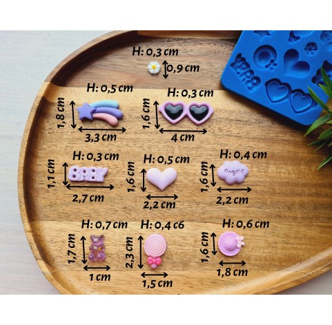 Silicone mold, Set of different things, style 3, 9 elements, ~ 0.9-4 cm, H:0.3-0.7 cm