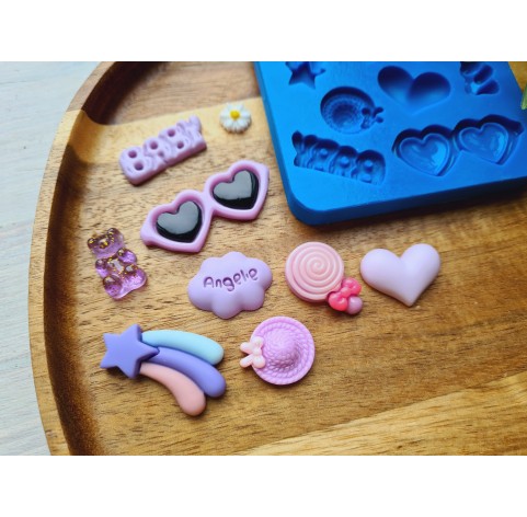 Silicone mold, Set of different things, style 3, 9 elements, ~ 0.9-4 cm, H:0.3-0.7 cm