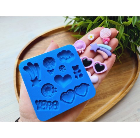 Silicone mold, Set of different things, style 3, 9 elements, ~ 0.9-4 cm, H:0.3-0.7 cm
