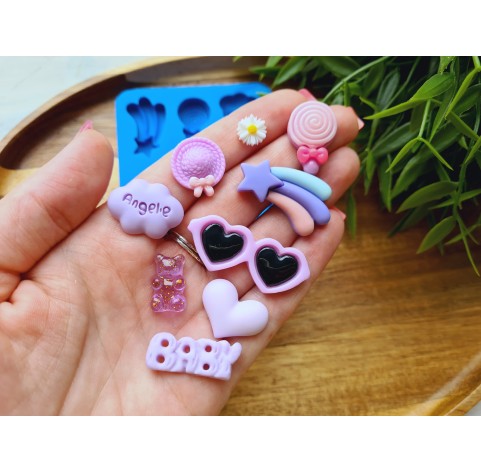Silicone mold, Set of different things, style 3, 9 elements, ~ 0.9-4 cm, H:0.3-0.7 cm