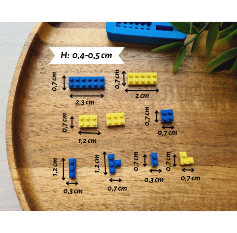 Silicone mold, Construction blocks, 9 elements, ~ 0.7-2.3 cm, H:0.4-0.5 cm